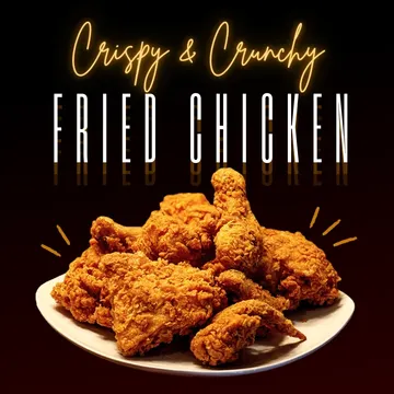 Plate of crispy fried chicken with text reading "Crispy & Crunchy Fried Chicken" above.