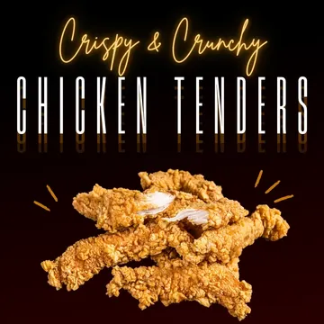 A pile of crispy chicken tenders is displayed on a dark background with the text "Crispy & Crunchy Chicken Tenders" above.