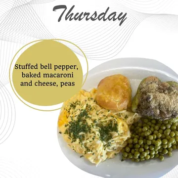 Plate with stuffed bell pepper, baked macaroni and cheese, and peas. "Thursday" text is also present.