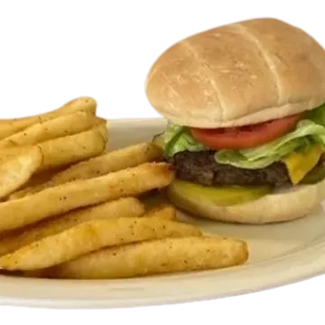 A plate with seasoned fries and a hamburger topped with lettuce, tomato, and cheese.