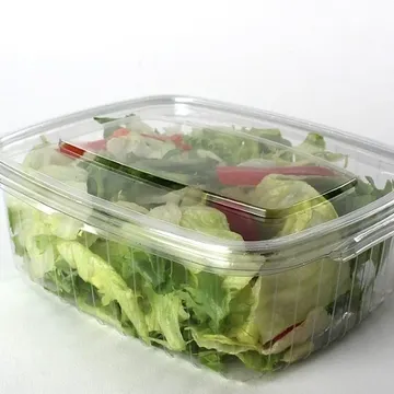 Plastic container filled with mixed salad greens and sliced vegetables.