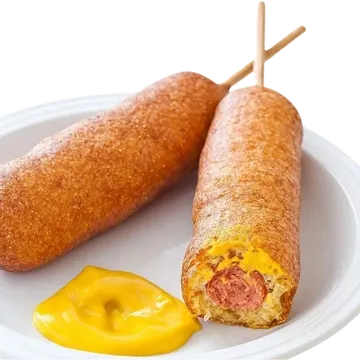 Two corn dogs on a white plate; one is whole, and the other is partially eaten. A dollop of mustard is on the side.