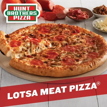 A pepperoni and sausage pizza on a tray with ingredients like sliced tomatoes, ground meat, and shredded cheese in the background. Text reads "Hunt Brothers Pizza" and "Lotsa Meat Pizza.